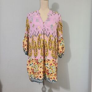 Anthropologie Fig & Flower Boho Peasant 3/4 Sleeve Midi Shirt Dress‎ Size Large